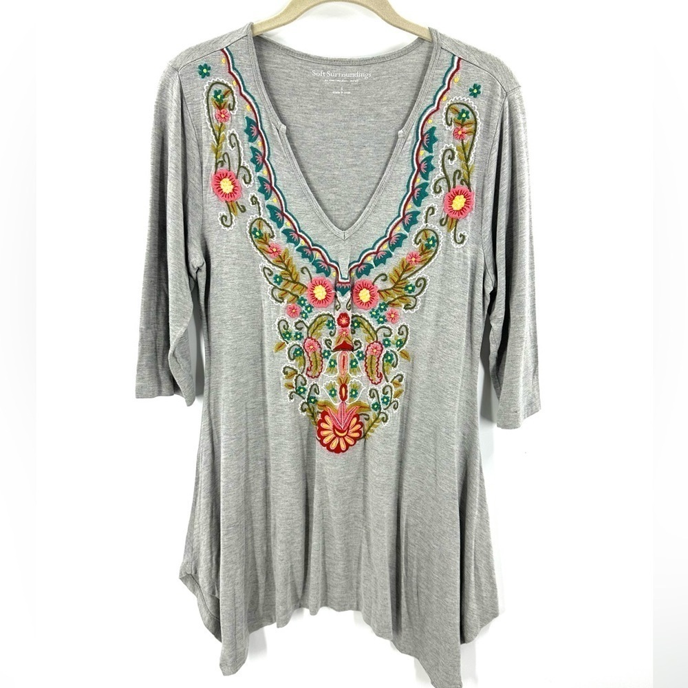 Soft Surroundings Adora Embroidered Tunic Top Womens Small Jersey Boho Indie